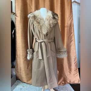 Vintage Tan Faux (?) Fur Trimmed Coat